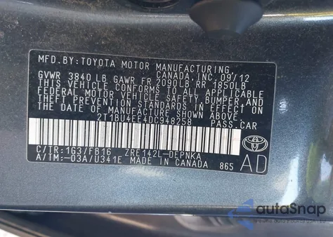 2013 Toyota Corolla Le from USA, damaged, VIN 2T1BU4EE4DC948258